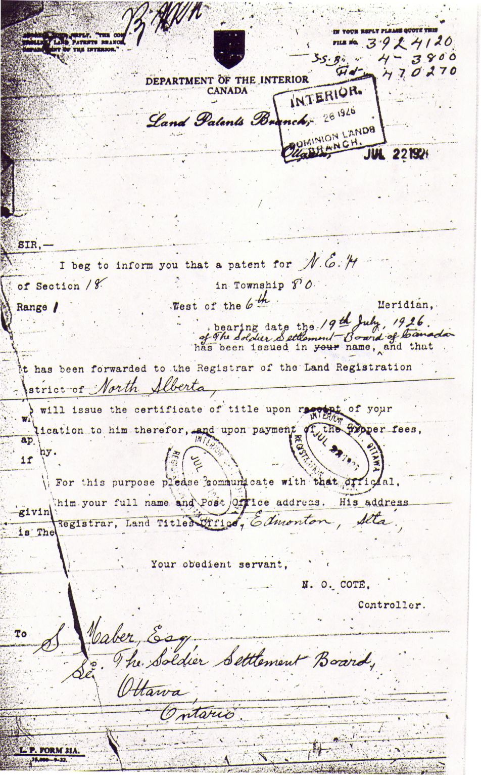 Provincial Archives of Alberta File 3924120   Reel 2483- Aime Brooks -Lands Patent Branch grant
